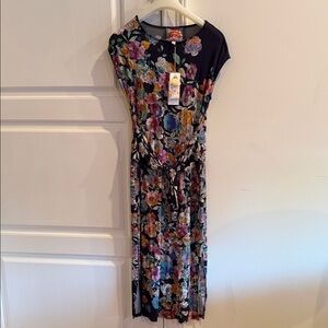 Johnny Was Navy/Floral MIDI Dress with Multicolor Blooms